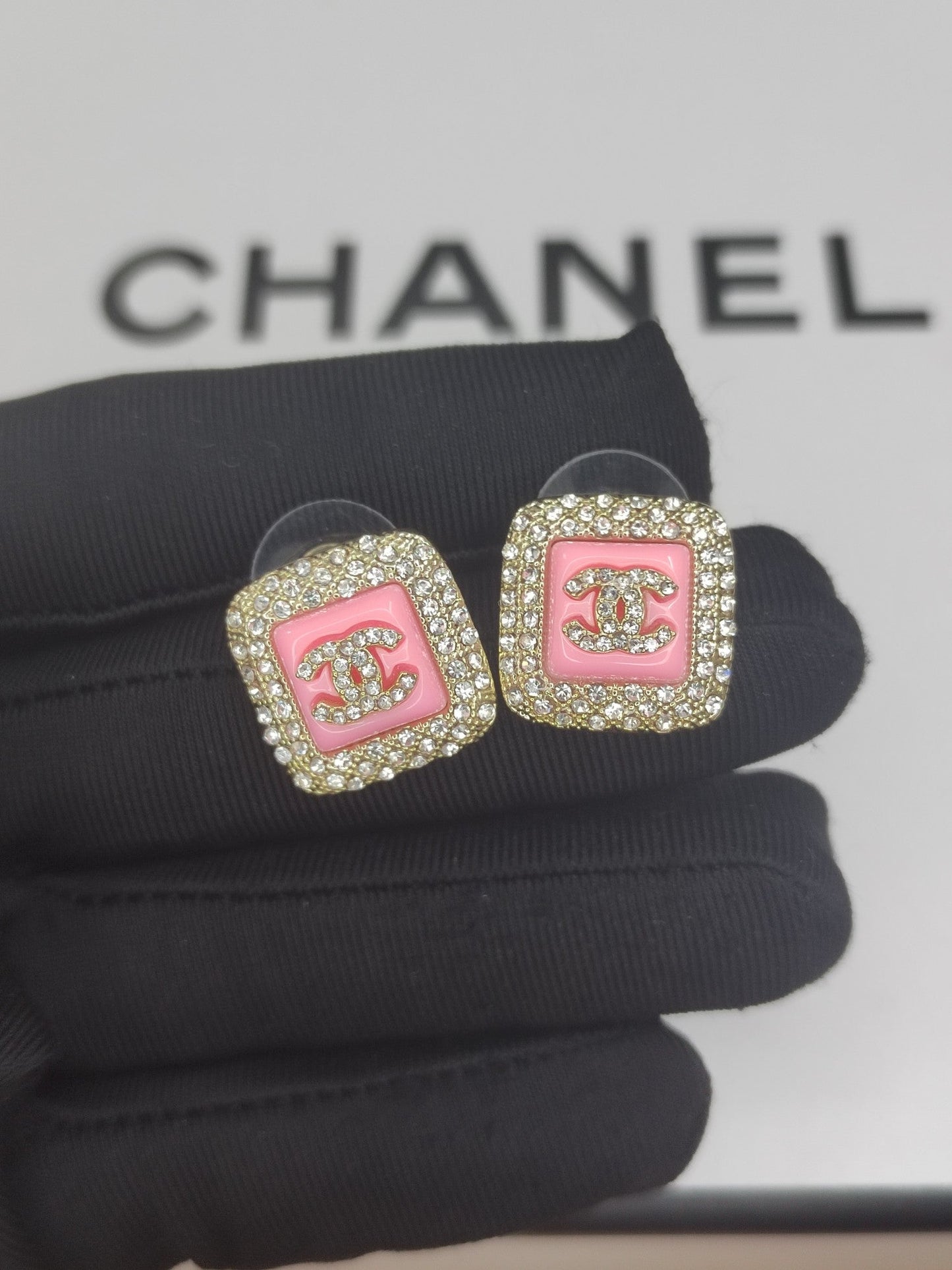 18K CC Diamond Square Pink Earrings