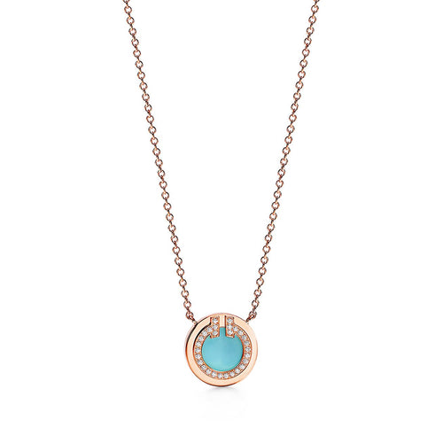 18K T Diamond & Turquoise Circle Pendant Necklace