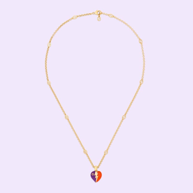 18K Double G Interlocking G Heart Lightning Charm Necklace