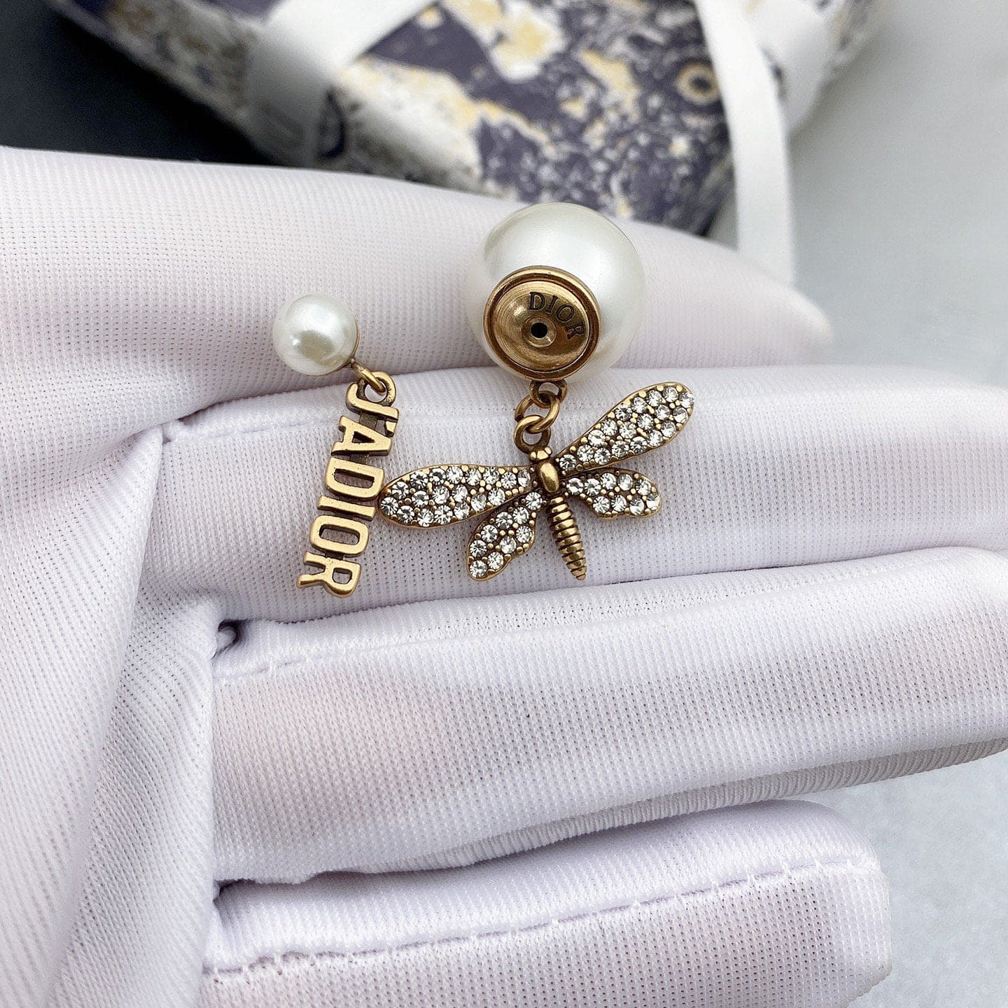 18K CD Dragonfly/ Butterfly Pearl Earrings