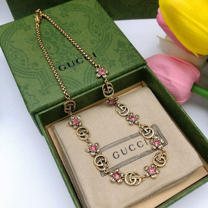 18K Double G Interlocking G Red Flowers Necklace
