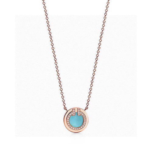 18K T Diamond & Turquoise Circle Pendant Necklace