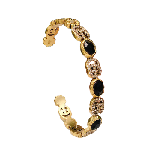 18K Gucci GG Flowers Black Crystals Open Cuff Bracelet