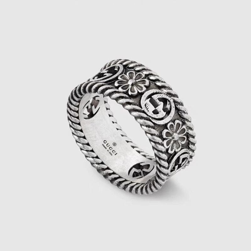 Gucci Aged Sterling Silver Interlocking G Flower Ring