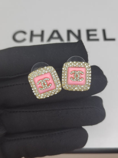 18K CC Diamond Square Pink Earrings