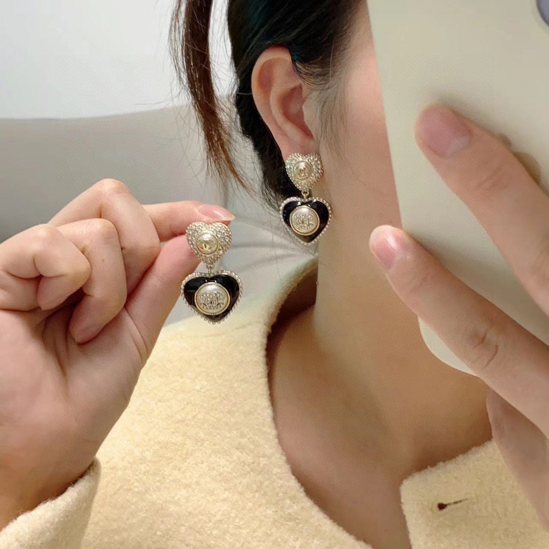 18K CC Black Heart Earrings