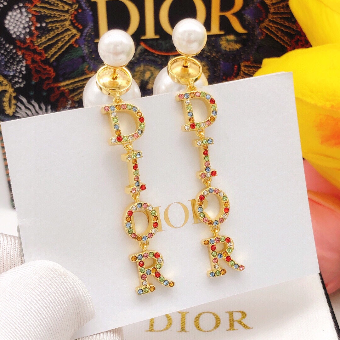 18K CD Color Crystal Script Earrings