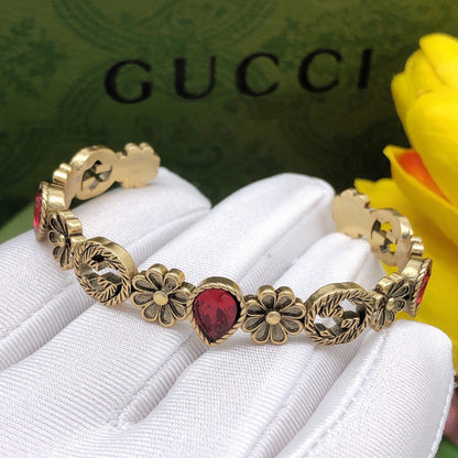 18K Double G Flowers Red Crystals Open Cuff Bracelet