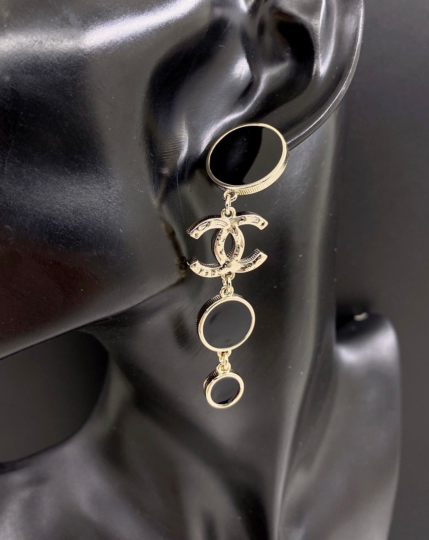 18K CC Black Crystals Earrings