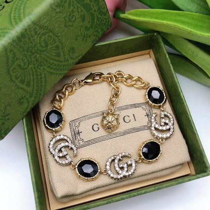 18K Double G Black Stones Chain Bracelet
