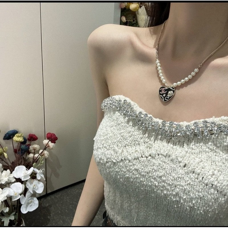 18K CC Pink & Black Heart Pearl Necklace