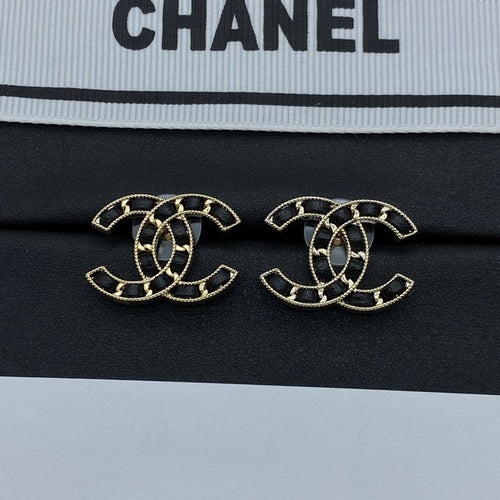18K CC Black Leather Gold Earrings