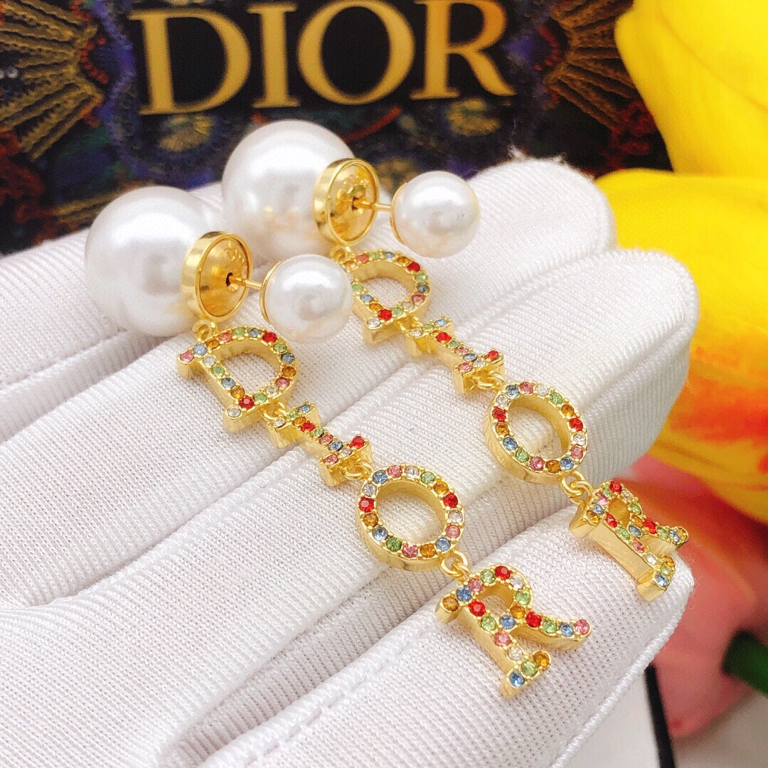 18K CD Color Crystal Script Earrings