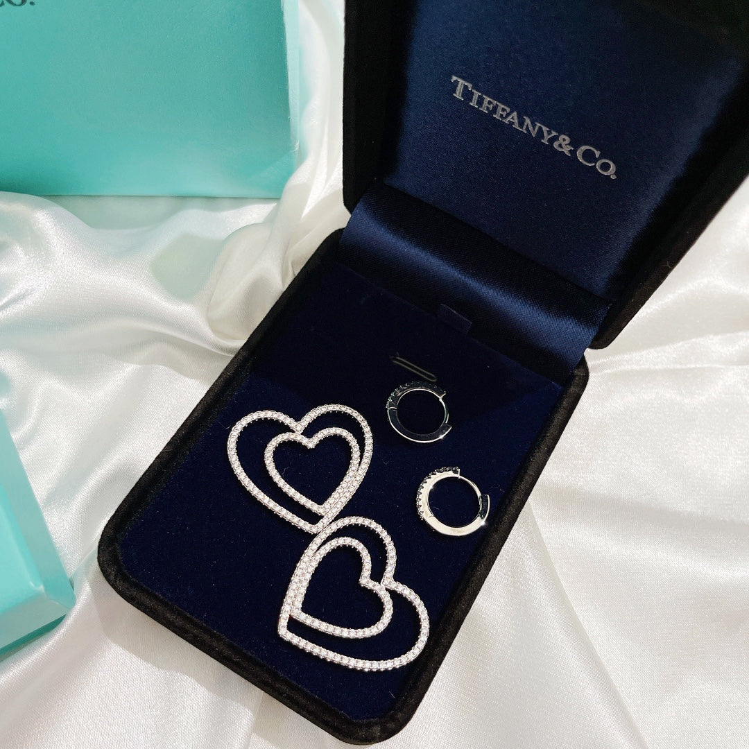 18K T Double Heart Diamond Earrings