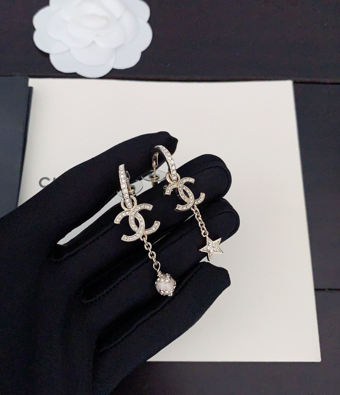 18K CC Star Pearls Pendant Earrings