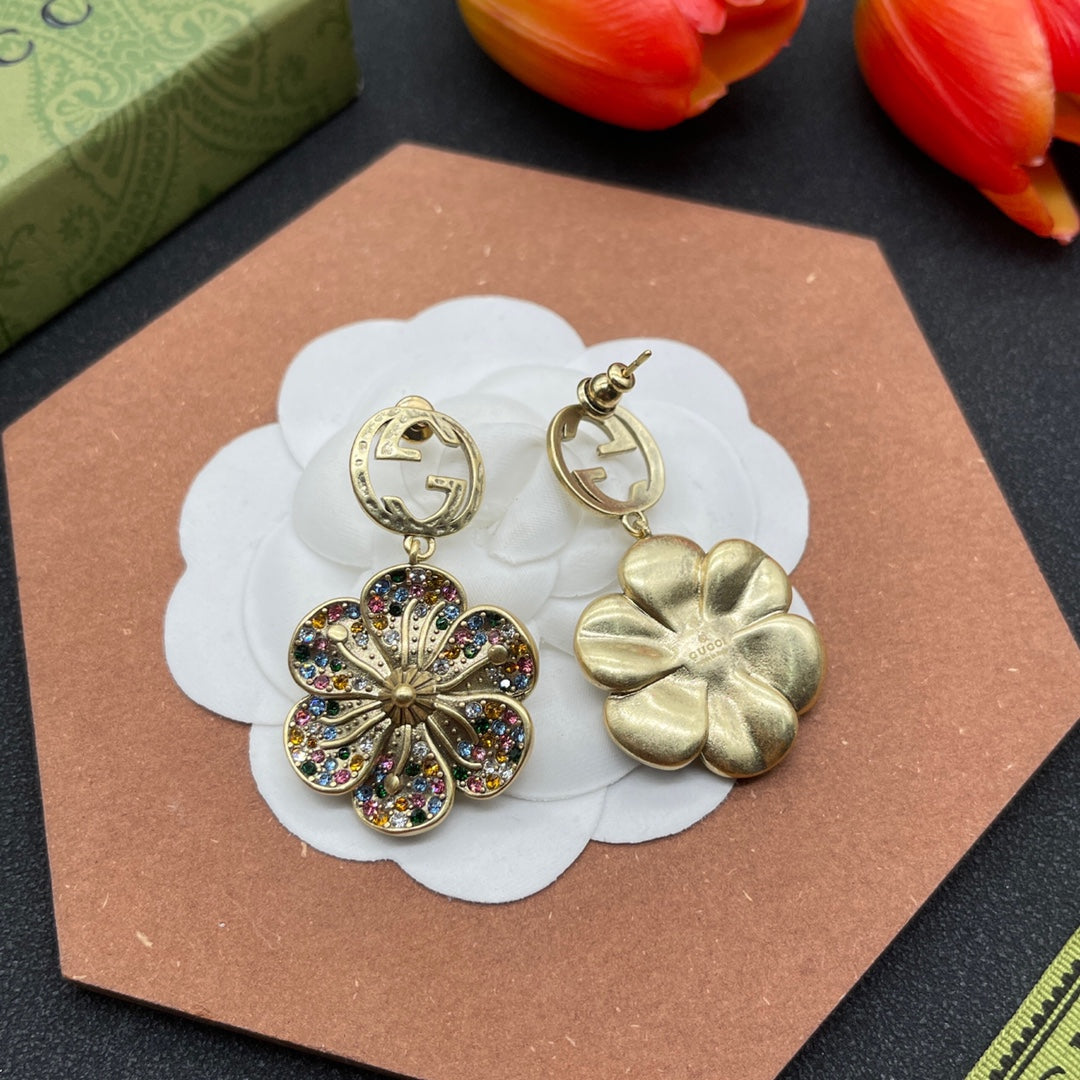 18K Double G Color Crystals Flower Earrings