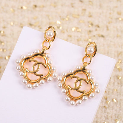 18K CC Square Pearl Pendant Earrings