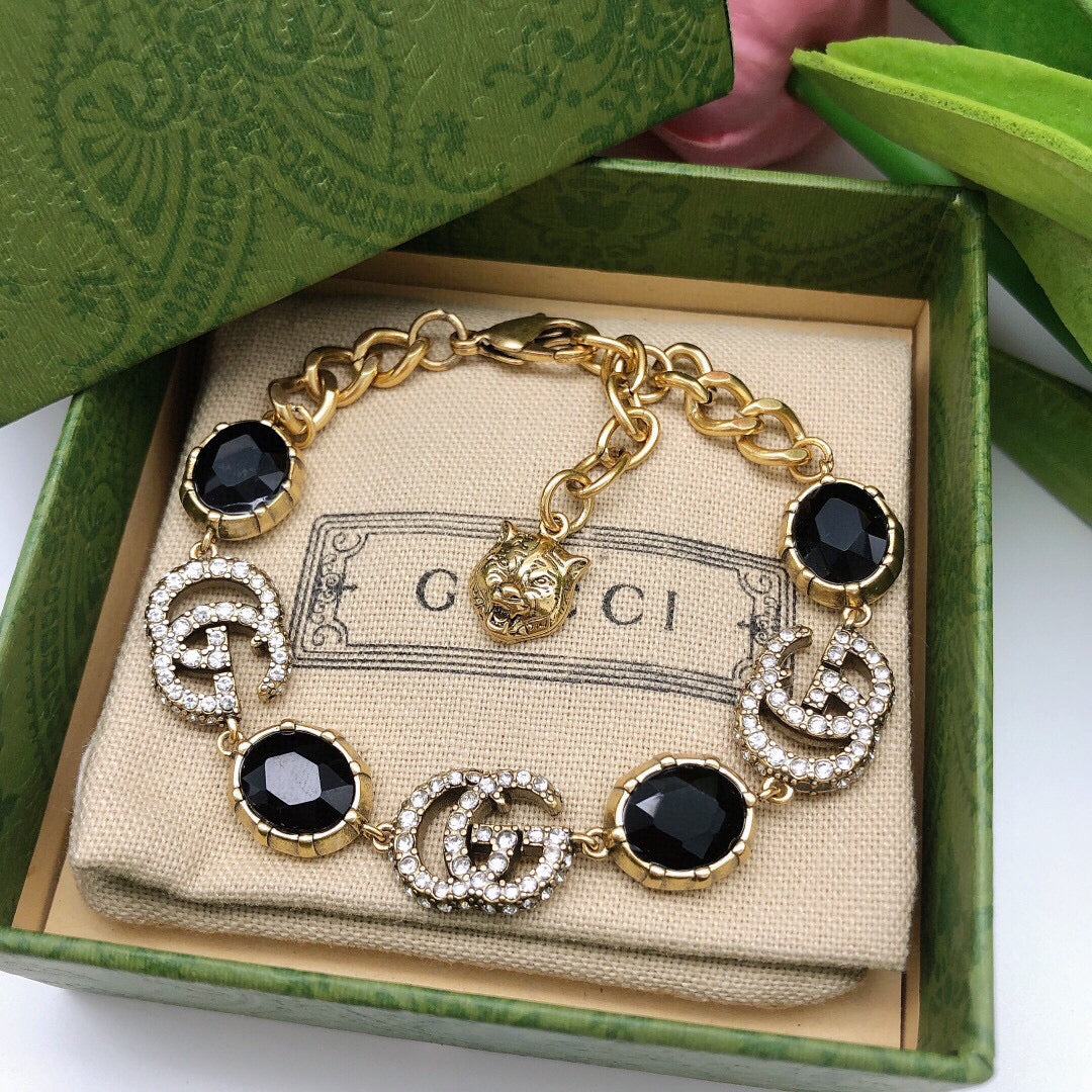18K Double G Black Stones Chain Bracelet