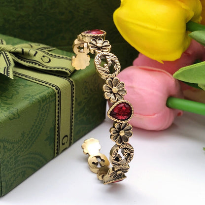 18K Double G Flowers Red Crystals Open Cuff Bracelet