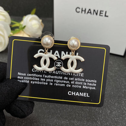 18K CC White Pearl Earrings