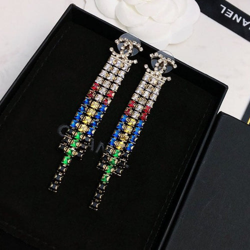 18K CC Long Tassel Color Crystal Earrings