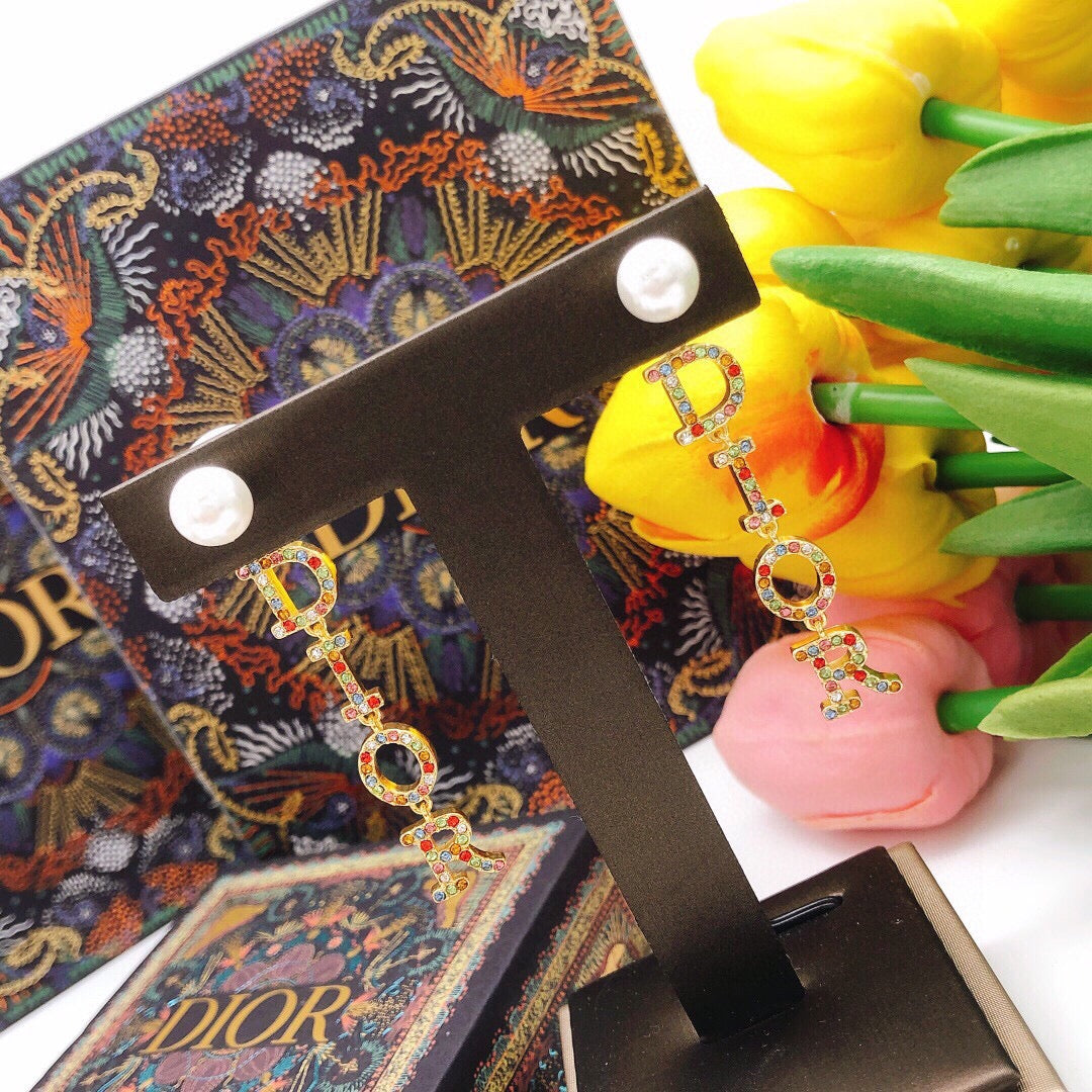 18K CD Color Crystal Script Earrings