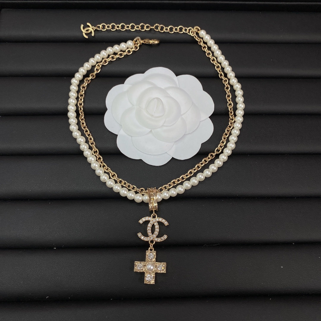 18K CC Cross Diamond Pearl Chain Necklace