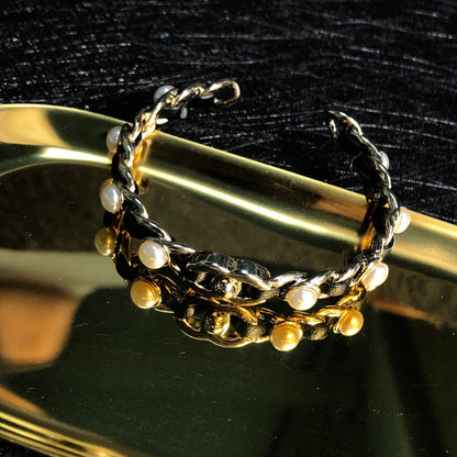 18K CC Leather Open Cuff Bracelet