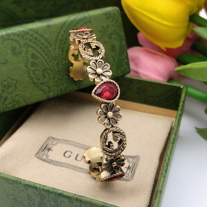 18K Double G Flowers Red Crystals Open Cuff Bracelet