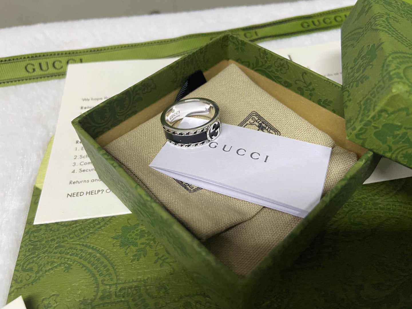 Double G Interlocking G Black Enamel Ring