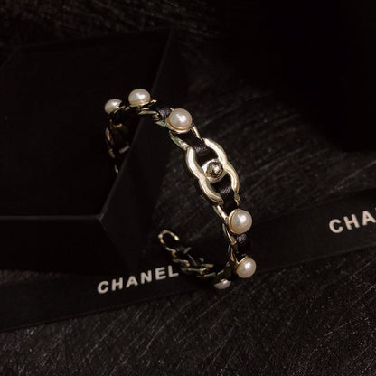 18K CC Leather Open Cuff Bracelet